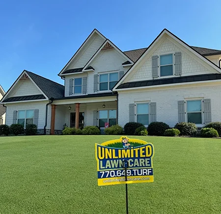 white brick home with unlimited lawn care lawn sign