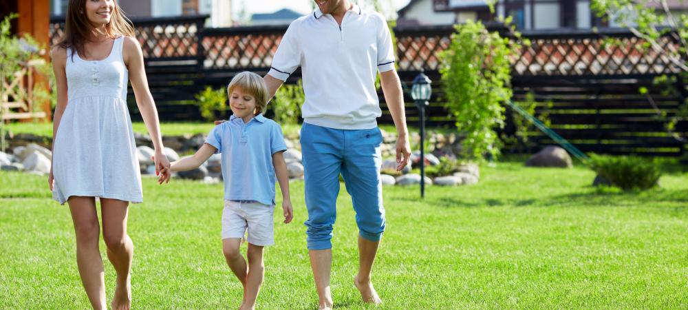 family walking on lawn